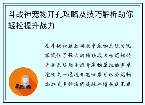斗战神宠物开孔攻略及技巧解析助你轻松提升战力