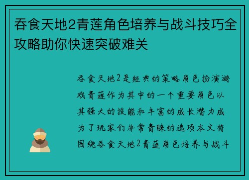 吞食天地2青莲角色培养与战斗技巧全攻略助你快速突破难关